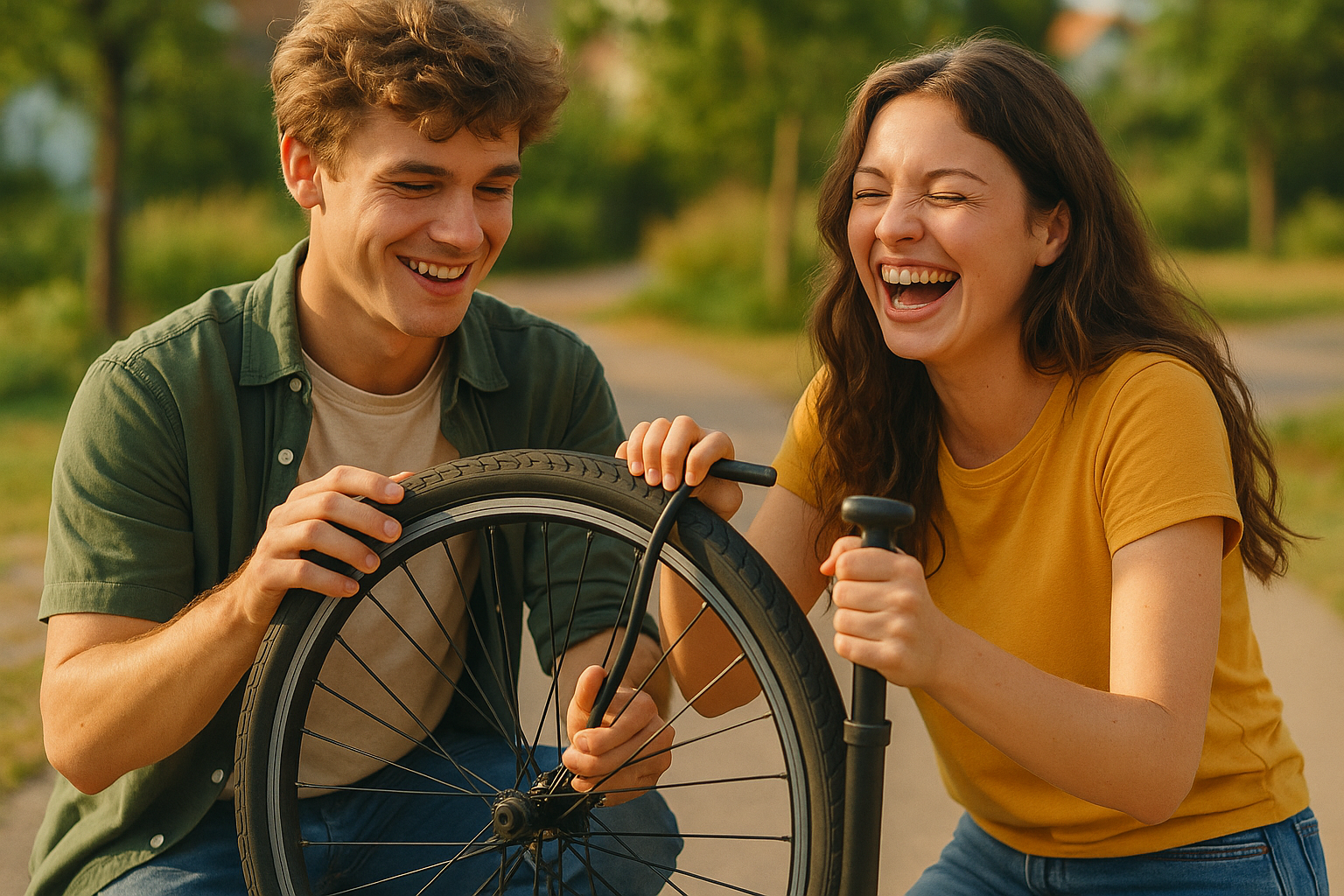 Un ragazzo e una ragazza che cercano di riparare una bici bucata — uno tiene la ruota, l’altro ride mentre la gonfia, atmosfera leggera, luce calda, colori chiari. Insomma non si fanno abbattere dalle difficolta