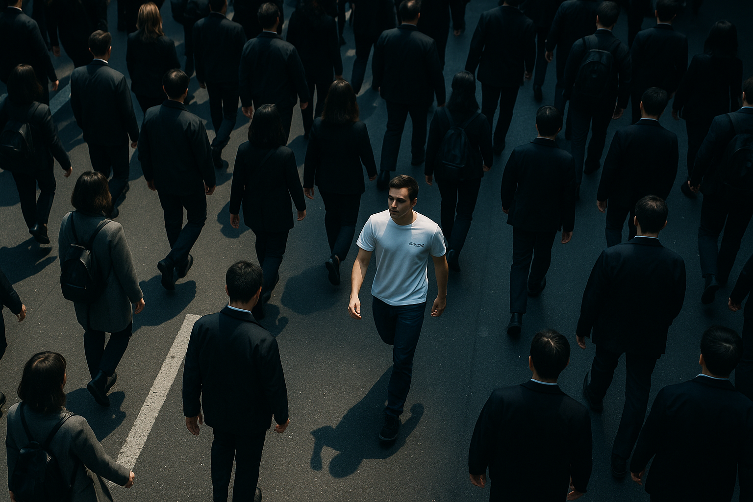 Vista dall’alto di una strada urbana affollata, decine di persone camminano tutte nella stessa direzione, una sola persona cammina nel verso opposto con passo deciso. Indossa una t-shirt bianca con piccolo logo Openday sul petto sinistro. Luce fredda e contrastata, atmosfera metropolitana, simbolo di ribellione silenziosa.”